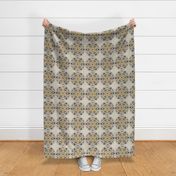 (XL) floral medallion in rustic goldenrod, grey, white and russet on beige