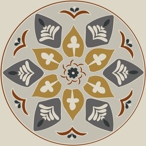 (XL) floral medallion in rustic goldenrod, grey, white and russet on beige