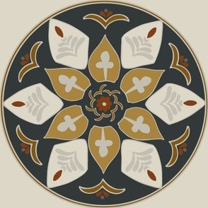 (XL) floral medallion in rustic colors goldenrod, grey, russet, white, black on beige