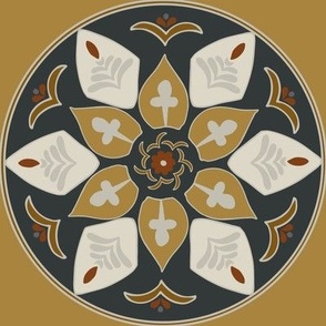 (XL) floral medallion in rustic colors black, beige, grey, russet on goldenrod yellow