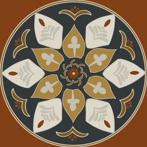 (XL) floral medallion in rustic goldenrod, beige, grey, black, russet on mahogany
