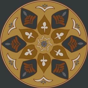 (XL) floral medallion in rustic goldenrod, russet, copper, white on black