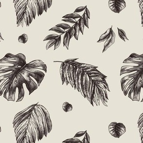 Monochrome tropical leaves and flowers