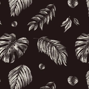 Monochrome tropical leaves and flowers on black