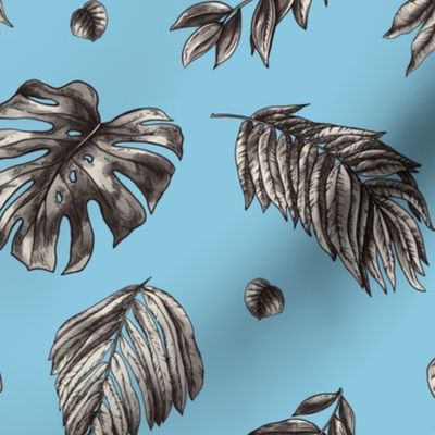 Monochrome tropical leaves and flowers on blue