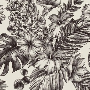 Monochrome tropical leaves and flowers