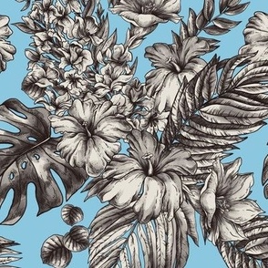 Monochrome tropical leaves and flowers on blue