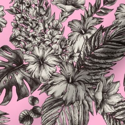 Monochrome tropical leaves and flowers on pink