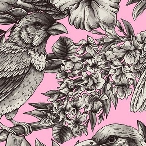 Tropical flowers and monochrome birds on pink