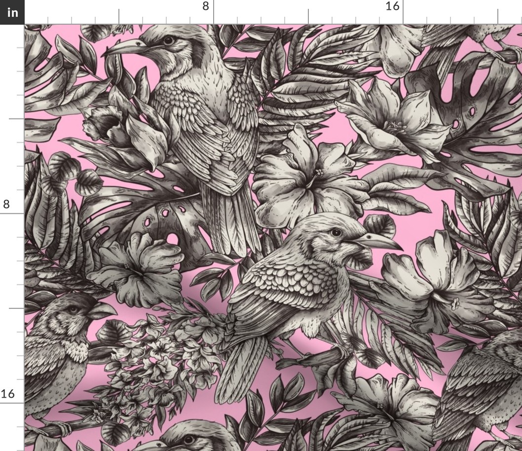 Tropical flowers and monochrome birds on pink