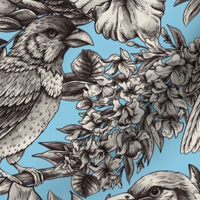Tropical flowers and monochrome birds on blue