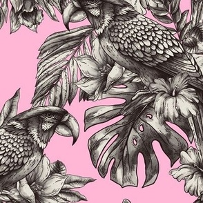 Tropical flowers and monochrome parrot birds on pink