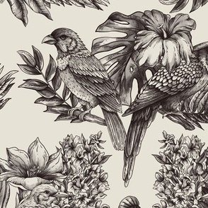 Tropical flowers and monochrome parrot birds