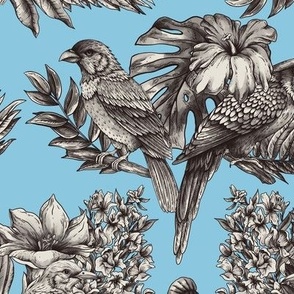 Tropical flowers and monochrome parrot birds on blue