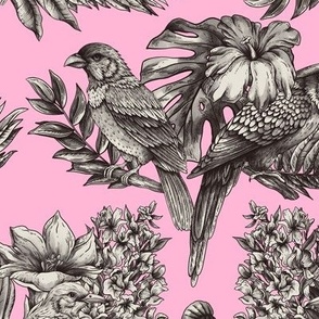 Tropical flowers and monochrome parrot birds on pink