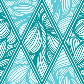 Turquoise Seamless Pattern Waves and Curls in Rhombus Shapes  in Outlines