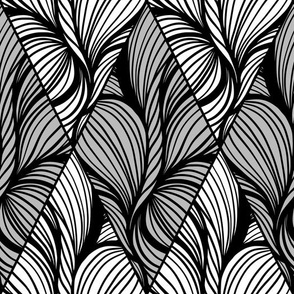 Black and Gray Seamless Pattern Waves and Curls in Rhombus Shapes  in Outlines