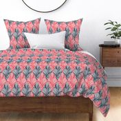 Red and Deep Blue Seamless Pattern Waves and Curls in Rhombus Shapes  in Outlines