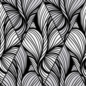 Black and Gray Seamless Pattern Waves and Curls in Rhombus Shapes in Outlines