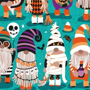 Large jumbo scale // Boo-tiful gnomes // teal background fun little creatures black purple and vivid orange dressed for halloween