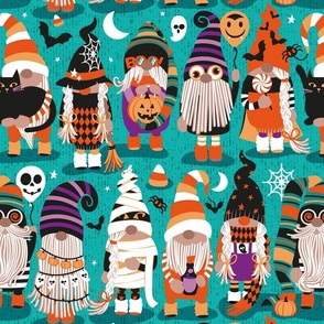 Normal scale // Boo-tiful gnomes // teal background fun little creatures black purple and vivid orange dressed for halloween