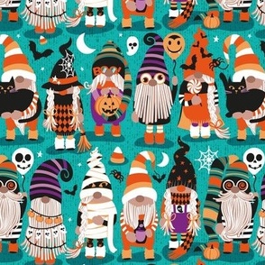Small scale // Boo-tiful gnomes // teal background fun little creatures black purple and vivid orange dressed for halloween