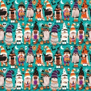 Tiny scale // Boo-tiful gnomes // teal background fun little creatures black purple and vivid orange dressed for halloween
