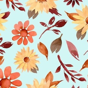 Watercolor sunflowers, orange flowers and leaves autumn pattern on turquoise blue background