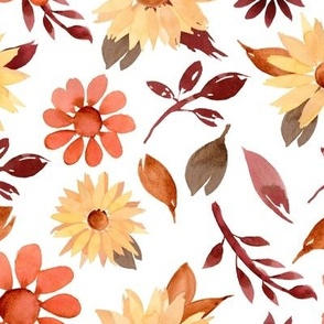 Watercolor sunflowers, orange flowers and leaves autumn pattern on white background