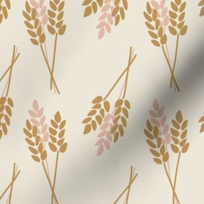 Wheat Plants: Fall Thanksgiving V3 Wheat Harvest Nature Crop Autumn Leaves Fall Pink and Gold on Cream - M