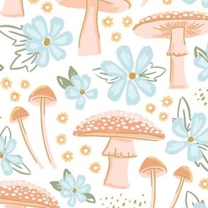 Fall Pastel Floral Mushrooms Large - Peach and Blue - Children's Baby Clothing