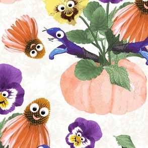 Large Cute Flower Bouquets with Faces Orange in Pumpkins One Direction on Cream Texture