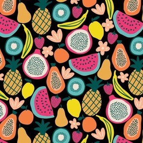 Colorful tropical fruits in black - Small scale