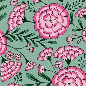 Vintage carnation flowers chintz - Green and pink - Medium scale