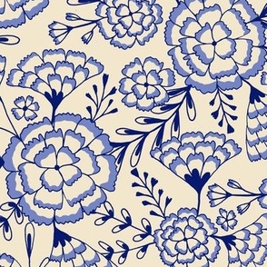 Vintage carnation flowers chintz - Cream and blue - Medium scale
