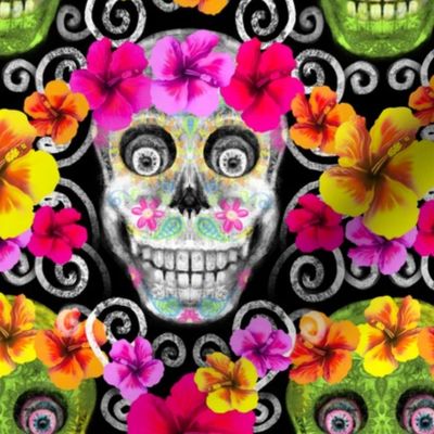 Whimsical Sugar Skull with Hibuscus