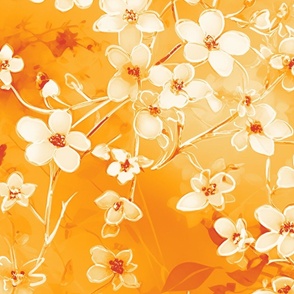lose off white watercolor  flowers  on a bright orange yellow - large scale