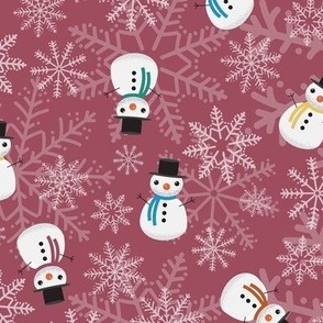 Midi - Cute Christmas Snowmen & Festive Snowflakes - Claret Red