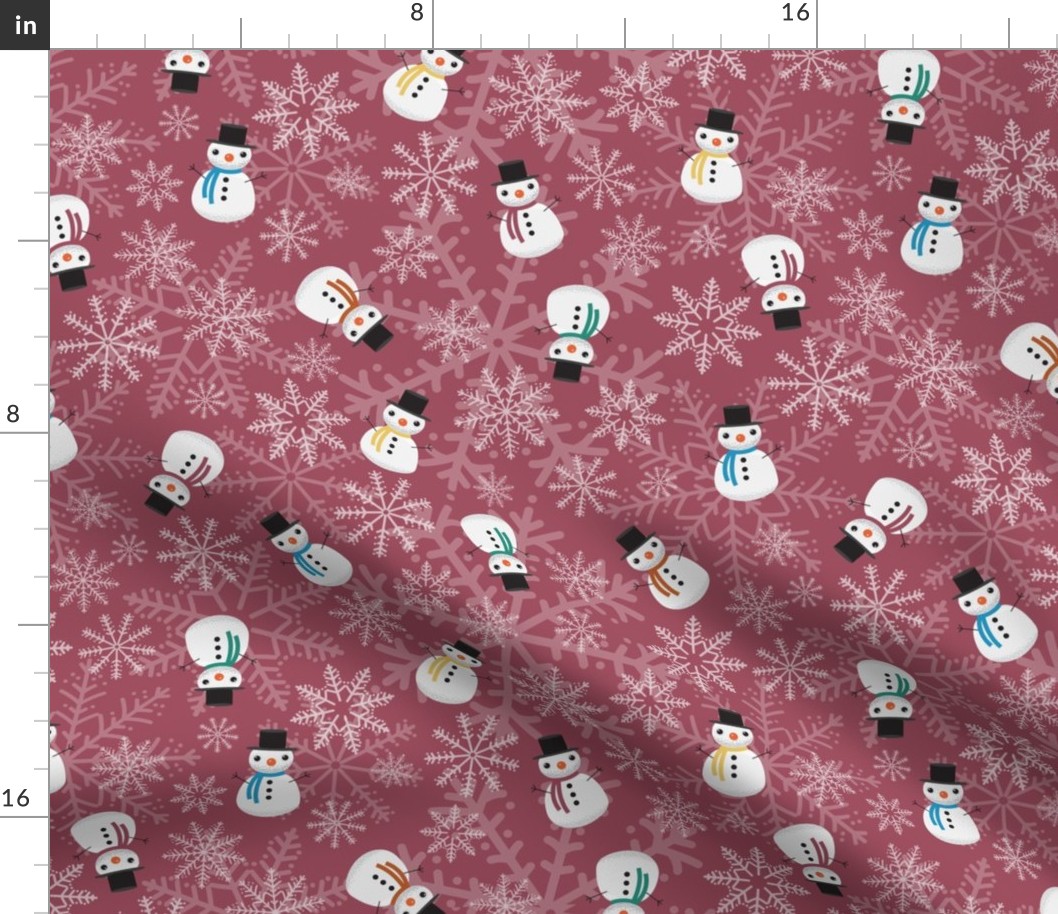 Midi - Cute Christmas Snowmen & Festive Snowflakes - Claret Red