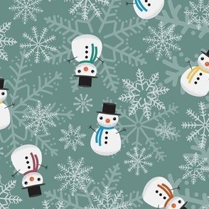 Midi - Cute Christmas Snowmen & Festive Snowflakes - Sage Green