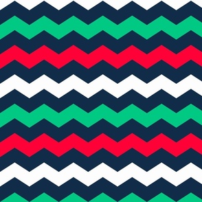 Red, green and white chevron with dark blue background - ZigZag  - retro  - quilt - home decor .