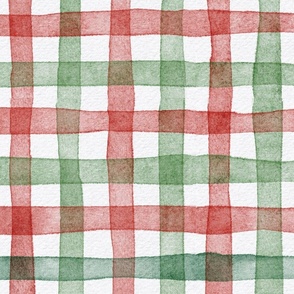 french country gingham - christmas colors - emerald and poppy red - watercolor botanical xmas plaid wallpaper
