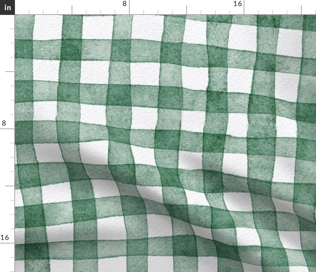 french country gingham - emerald color - watercolor botanical green plaid wallpaper