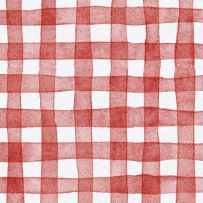 french country gingham - poppy red color - watercolor botanical red plaid wallpaper