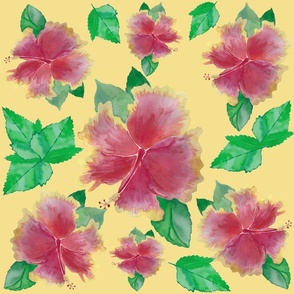 Yellow, Tequila Sunrise Hibiscus Flower Watercolor Painting on Yellow Background