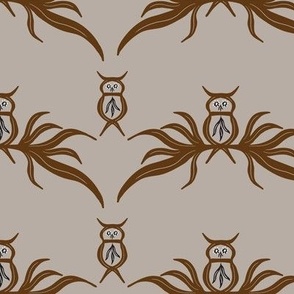 Large Scale. Brown Owls sitting on a Branch Light Tan Background