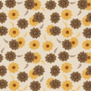 Sunflowers Painted on Beige Twig Graphic Background in Yellow Brown