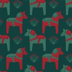  Scandinavian Dala Horses in Holiday Red + Green on Evergreen