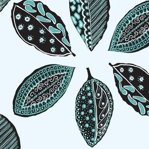 Painted Leaves in Turquoise and Black on Light Blue Background