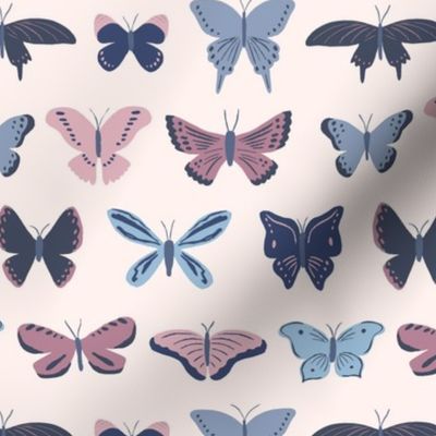 Butterfly Flutter in Mauve and Blue on Cream